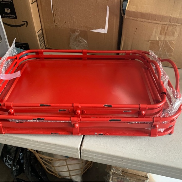 Deco 79 Vintage Metal Rectangle Tray, Set Of 2 19", 17"W, Red - Picture 6 of 13